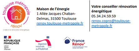 Maison de l'Energie, 1 allée Jacques Chaban-Delmas, 31500 Toulouse / renov.toulouse-metropole.fr / Votre conseiller rénovation énergétique 03 34 24 59 59 / renov.copro@toulouse-metropole.fr